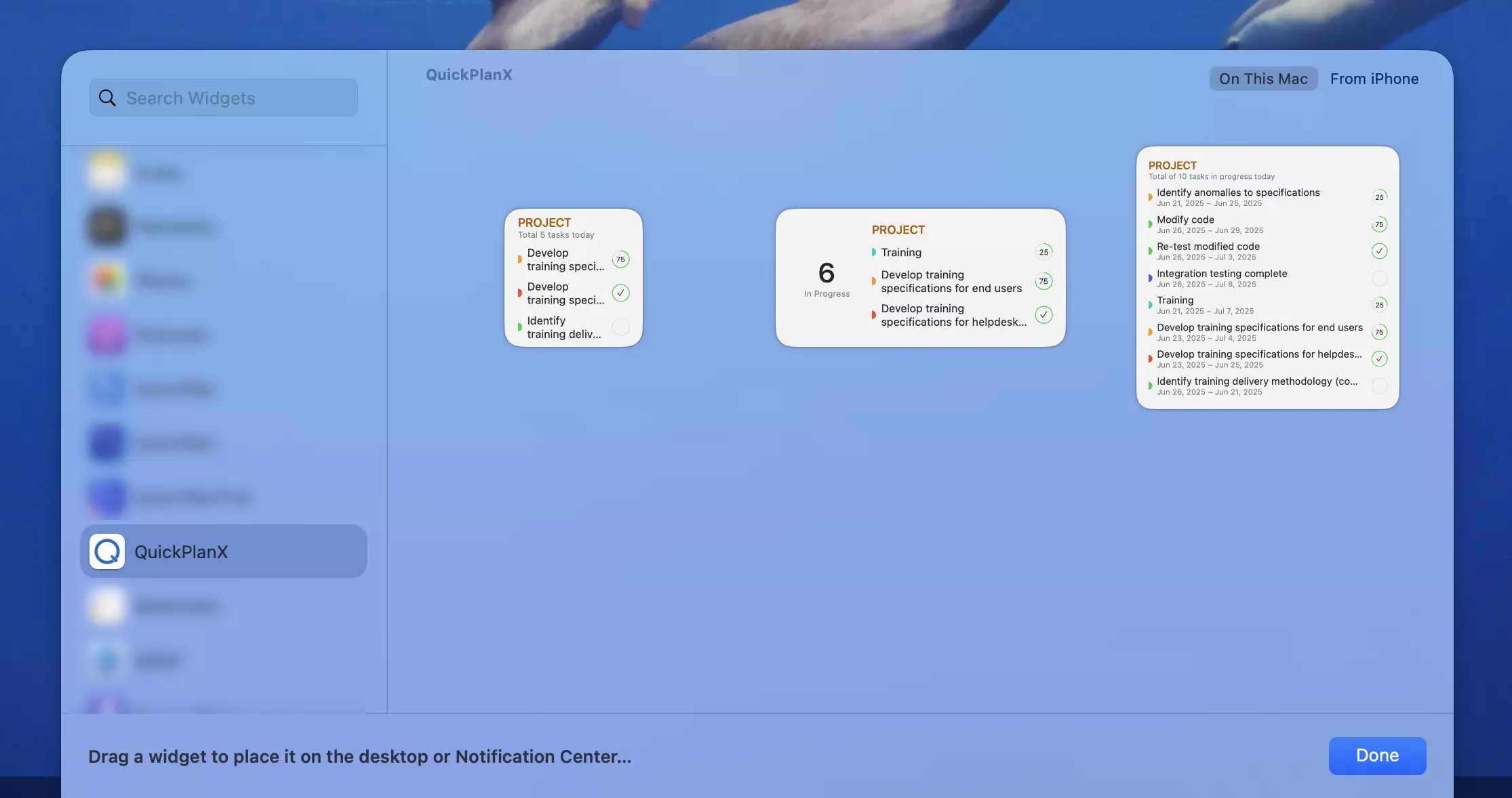 QuickPlanX widget gallery showing in-progress task widgets for a project