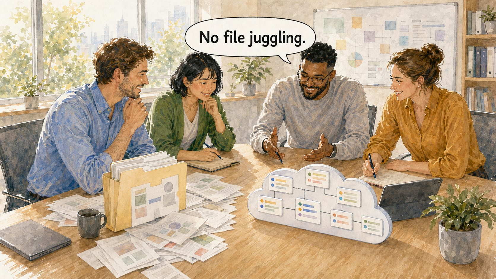 A planning team comparing loose project files with a structured cloud database model