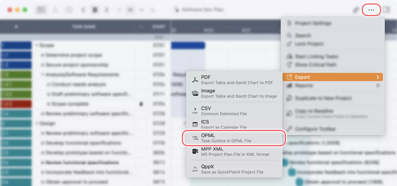 Export entire project to OPML file on Mac