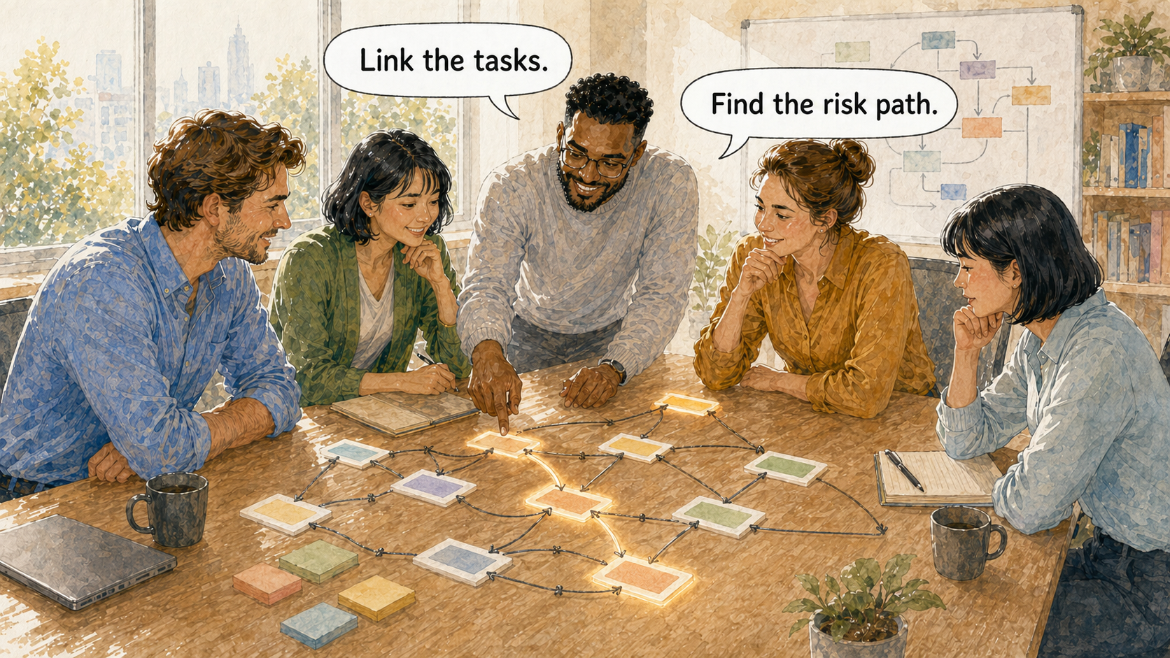 A professional connecting tasks on a project board with arrows while colleagues discuss the schedule