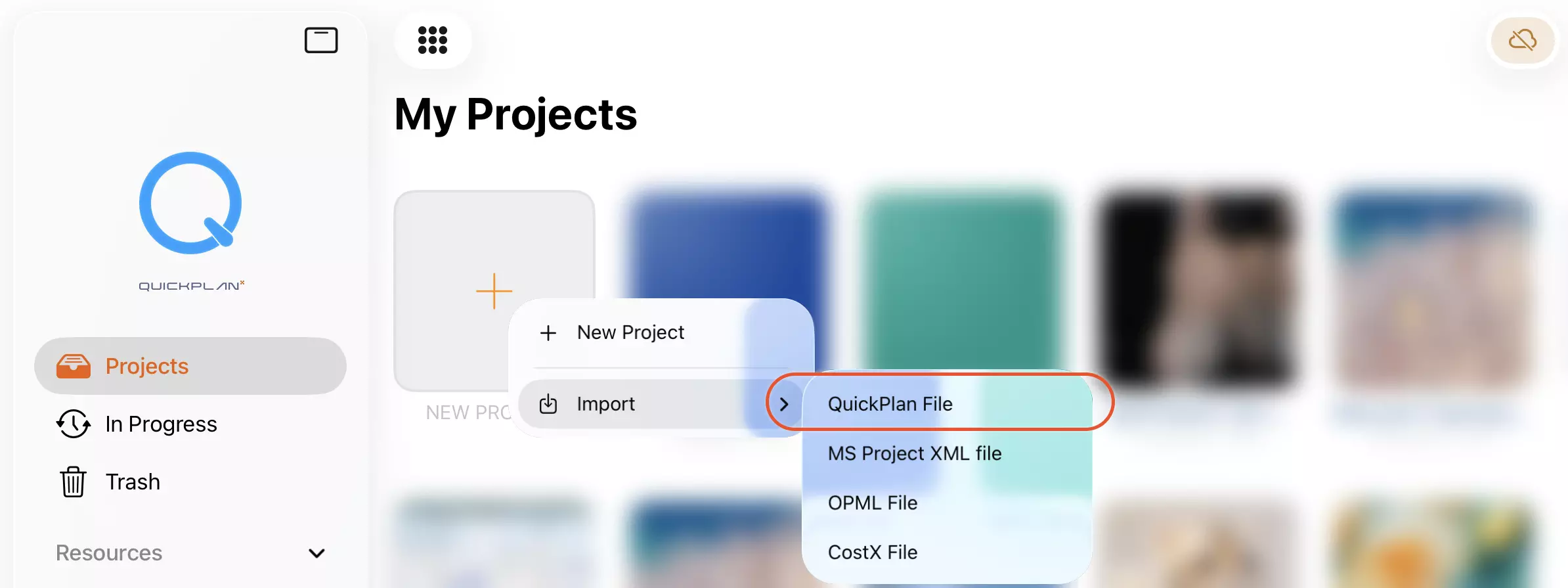 Importing a legacy project plan file on iOS