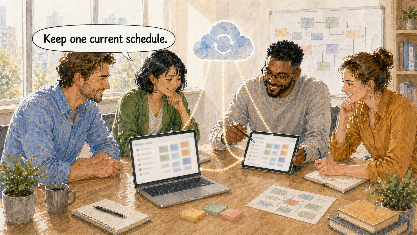 A scheduling team keeping the same current project schedule synchronized across Mac and iPad