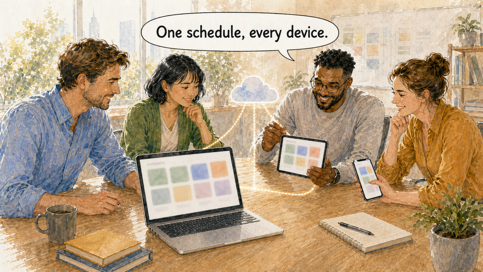 Team members naturally using Apple devices — laptop, tablet, and phone — on the same project without friction