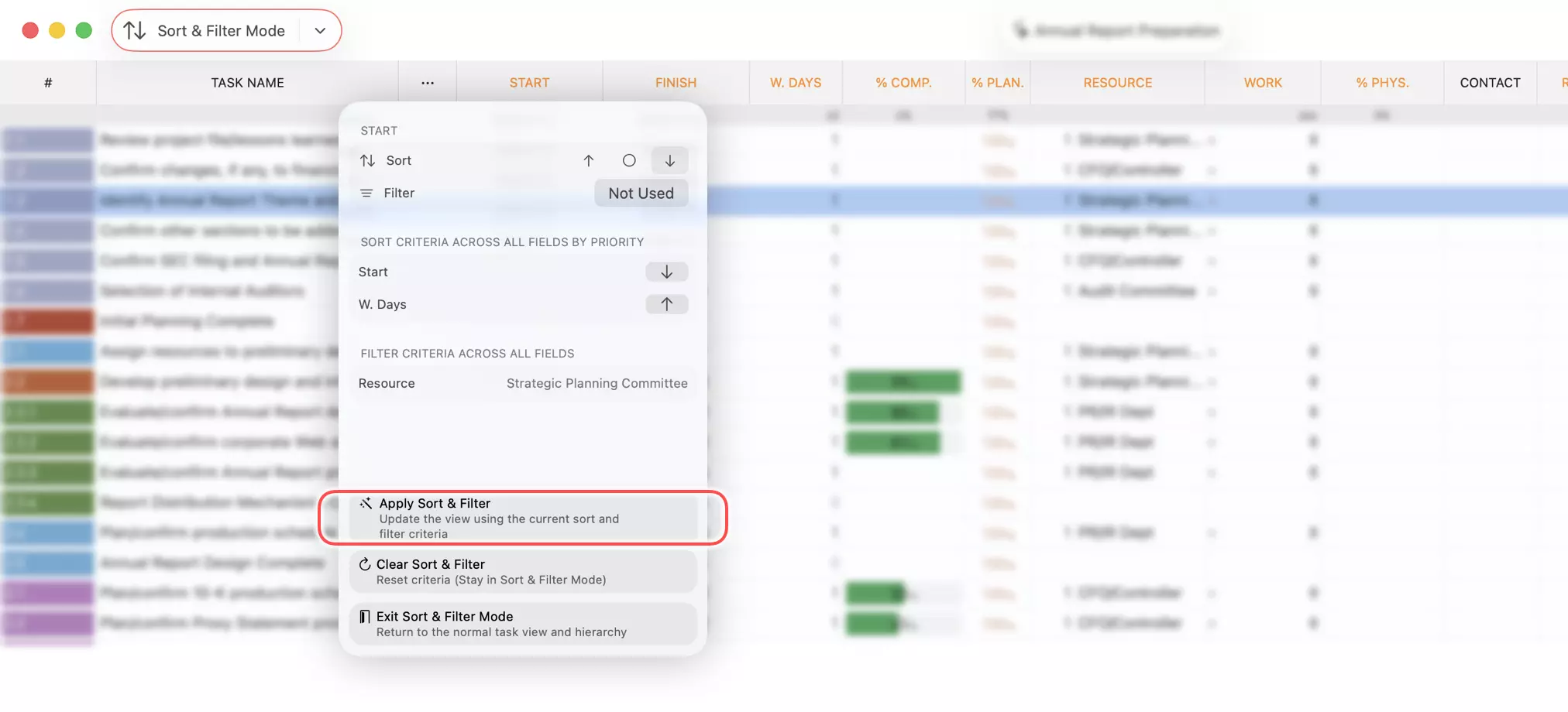 Apply Sort & Filter Criteria