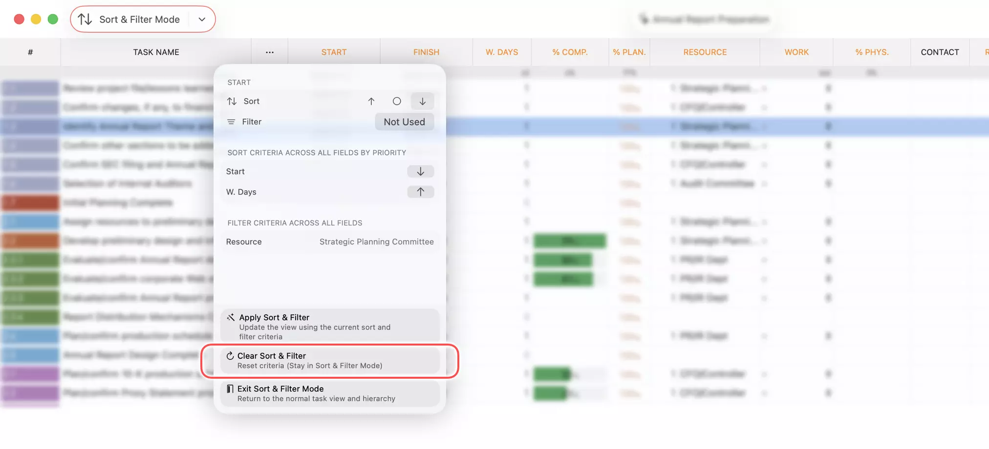 Clear Sort & Filter Criteria