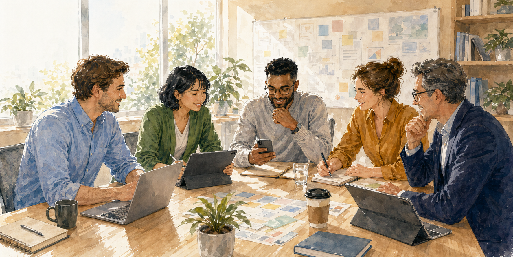 A planning team using one project planning workflow across Mac, iPad, and iPhone