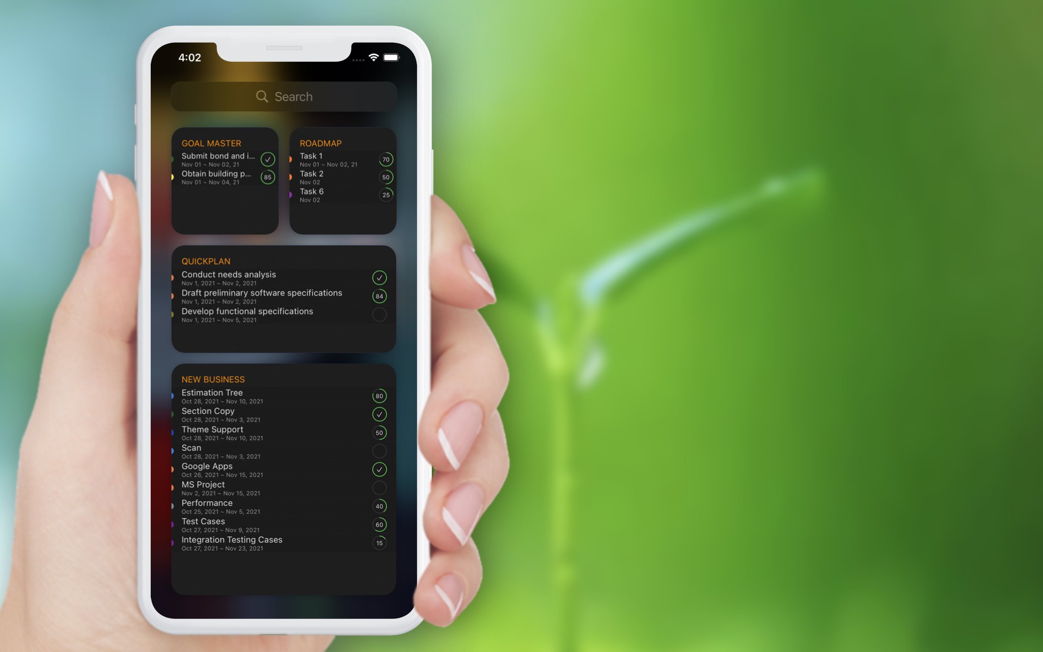 QuickPlanX home-screen widgets showing in-progress project tasks at a glance