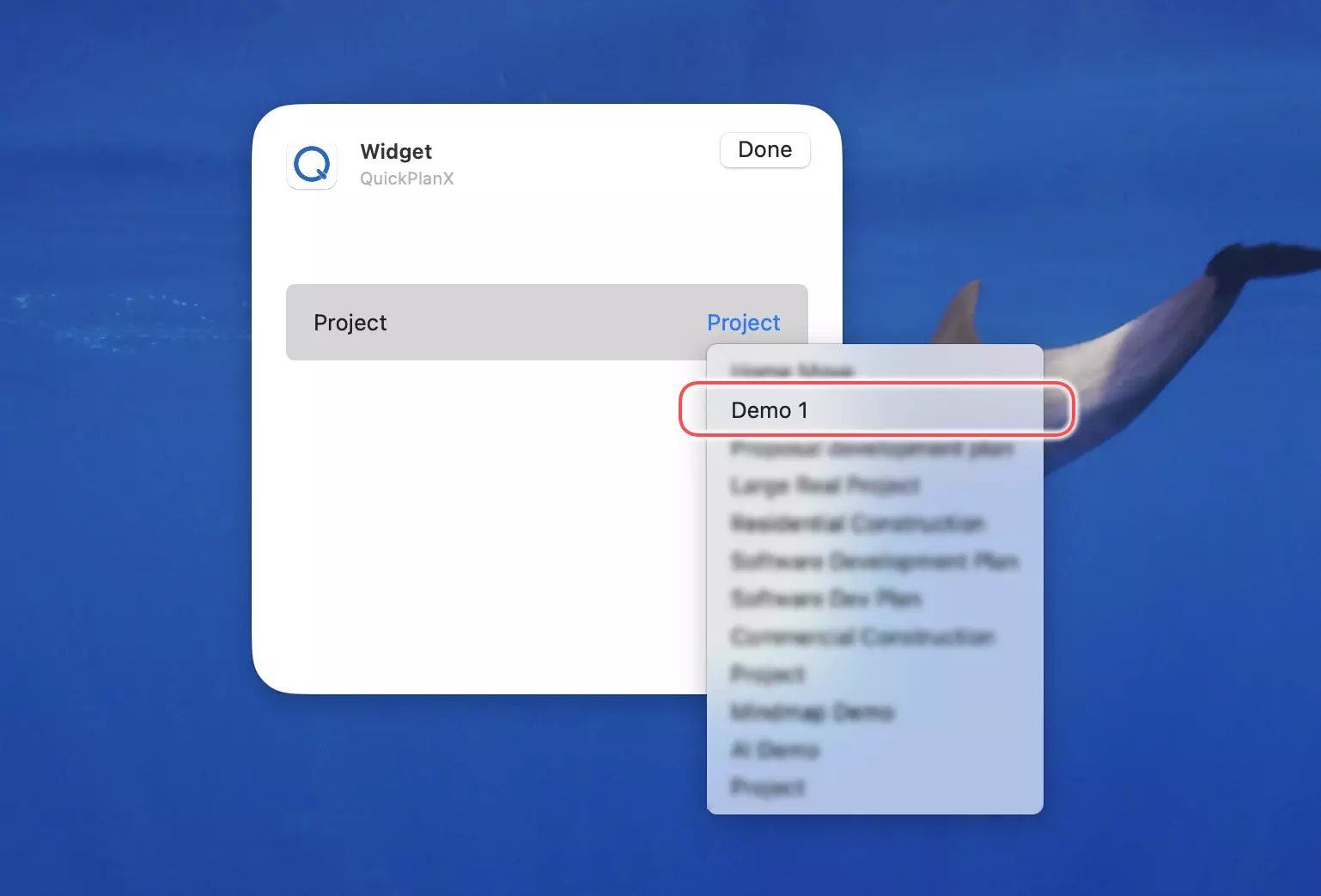Select Project for Widget