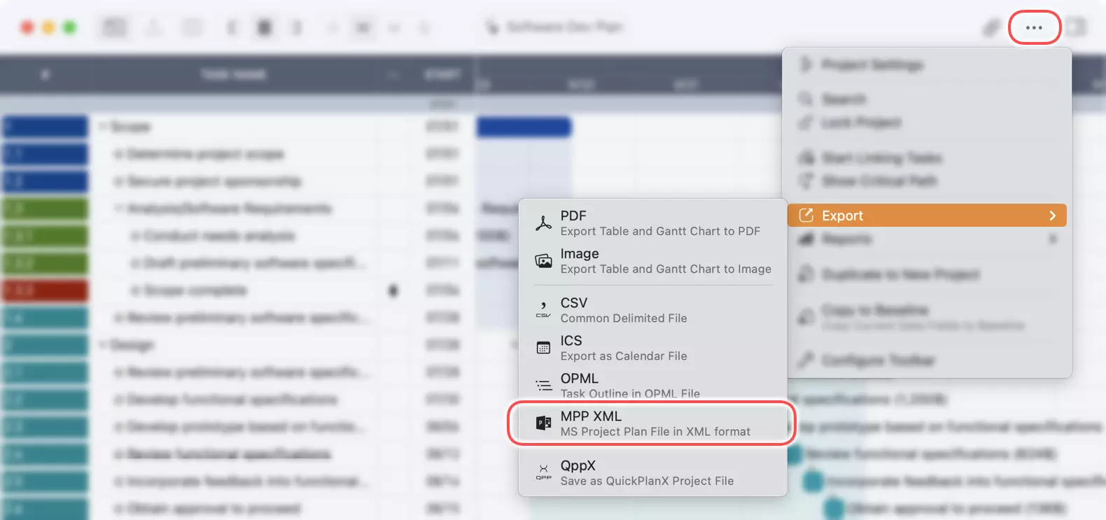 Gesamtes Projekt in MPP-XML-Datei auf dem Mac exportieren