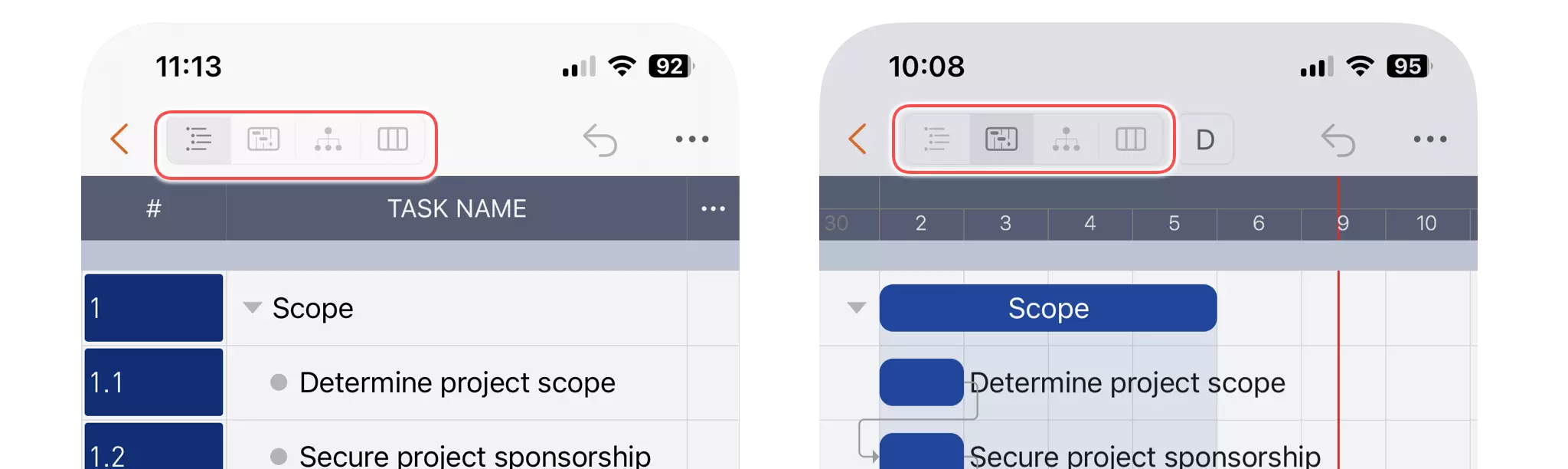 Projektfenster Tabellenansicht auf dem iPhone
