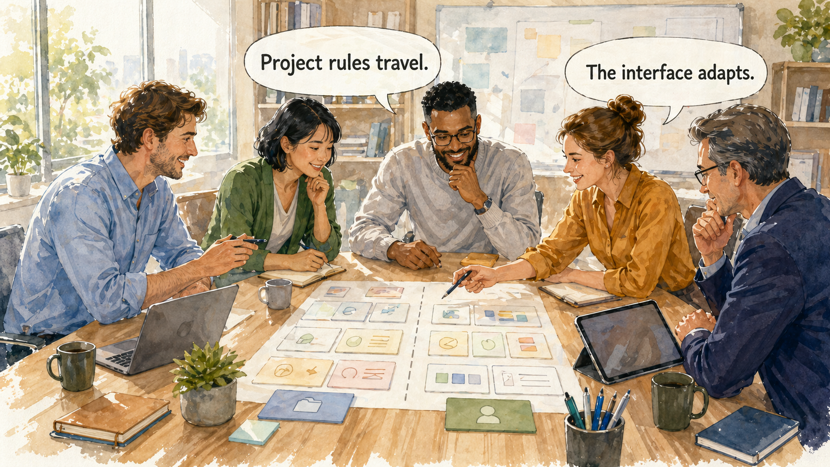 Ein Planungsteam trennt gemeinsame Projektregeln von persönlichen Oberflächeneinstellungen