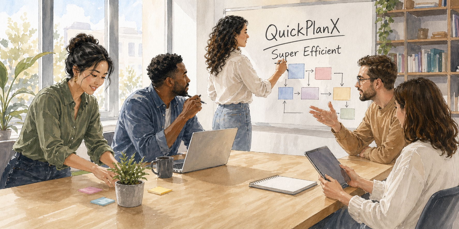 Un equipo de proyecto que utiliza flujos de trabajo de planificación eficientes con notas, dispositivos y una pizarra