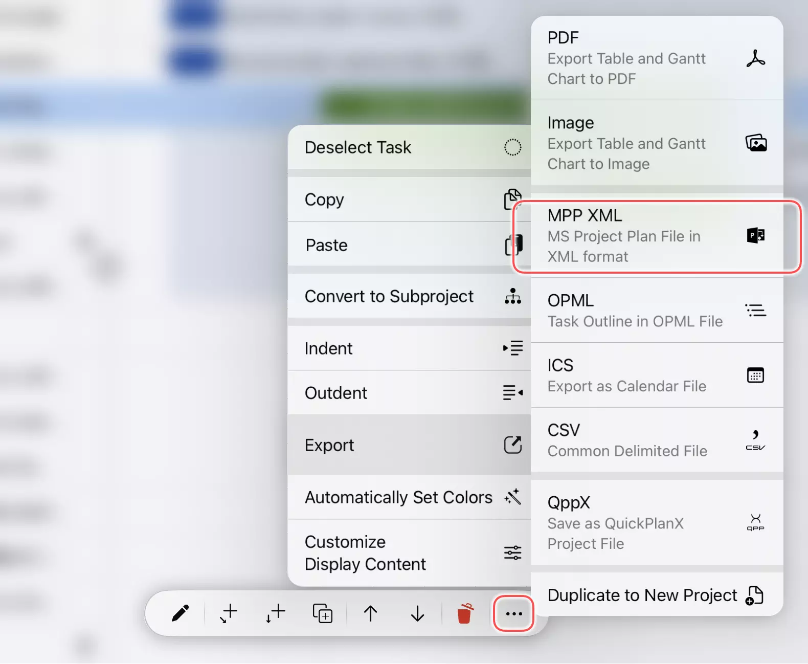 Export a task group to MPP XML file on iPad