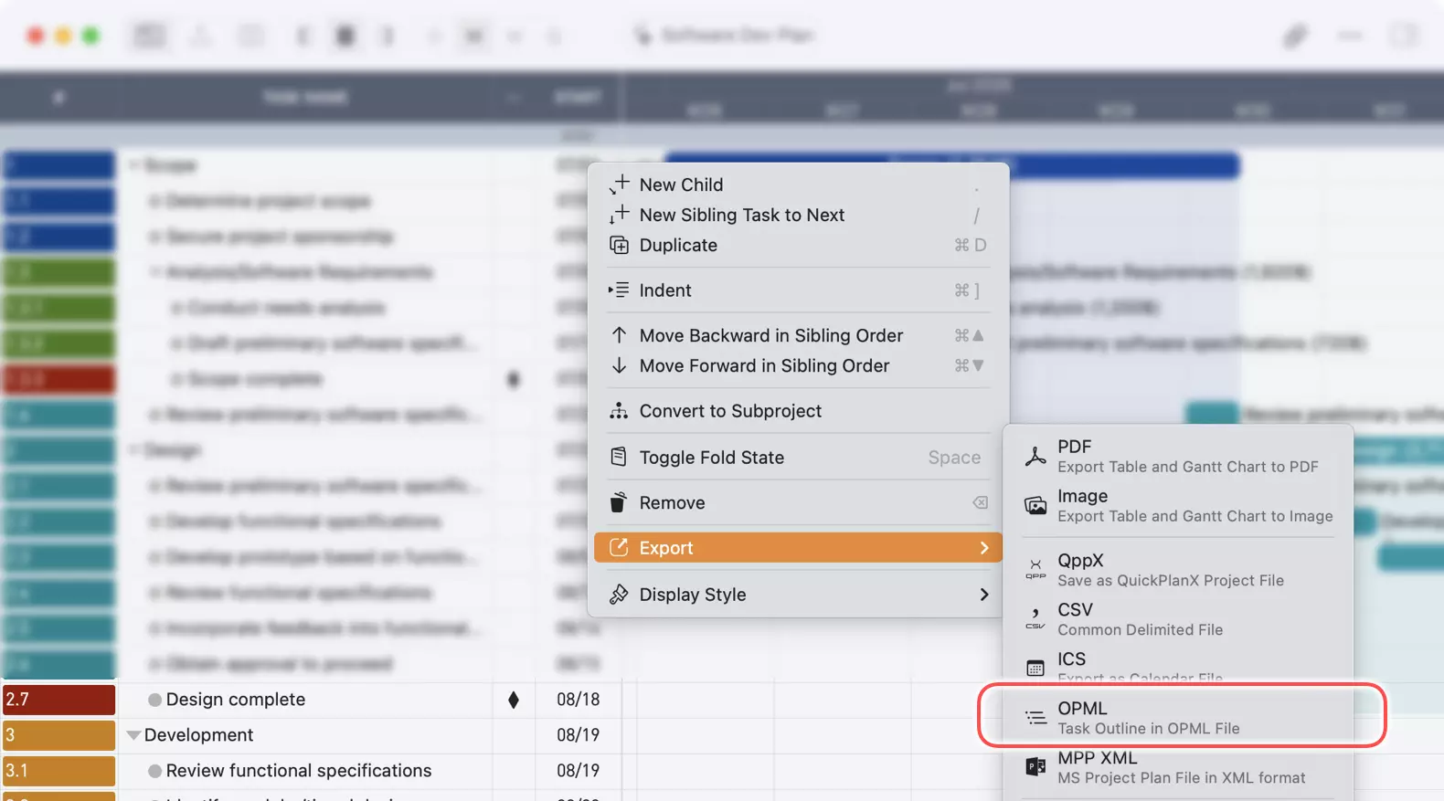 Export a task group to OPML file on Mac