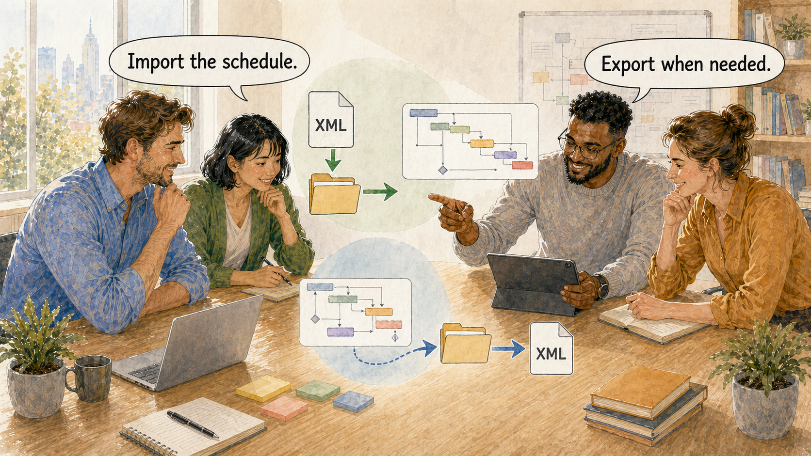 Un equipo de planificación importando y exportando cronogramas de proyectos a través de archivos XML