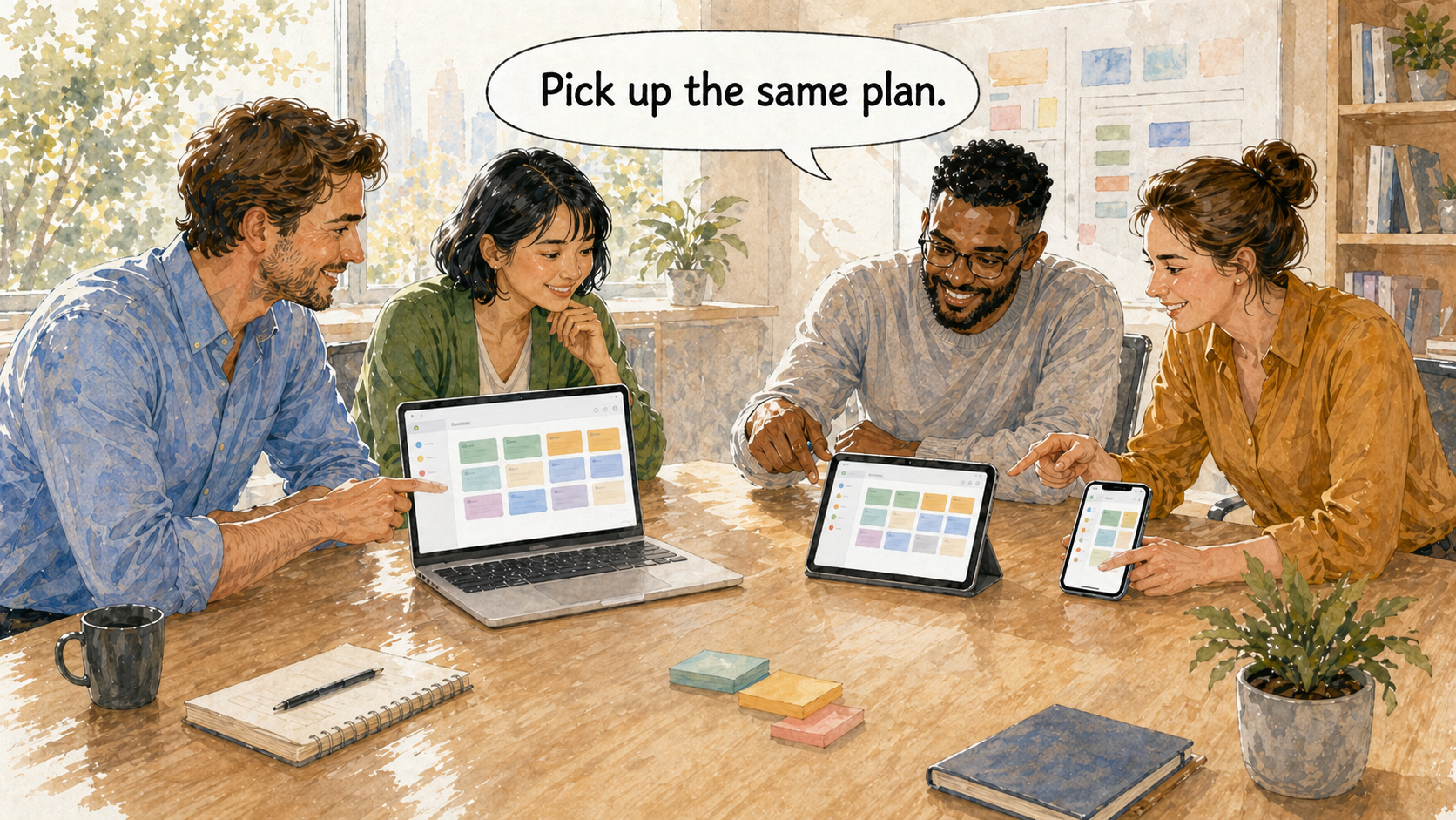 Un equipo de planificación retomando el mismo plan de proyecto en computadora portátil, tableta y teléfono