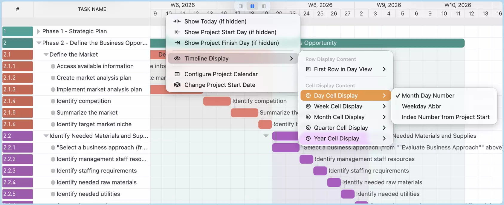 Menú de opciones de visualización del contenido de la línea de tiempo