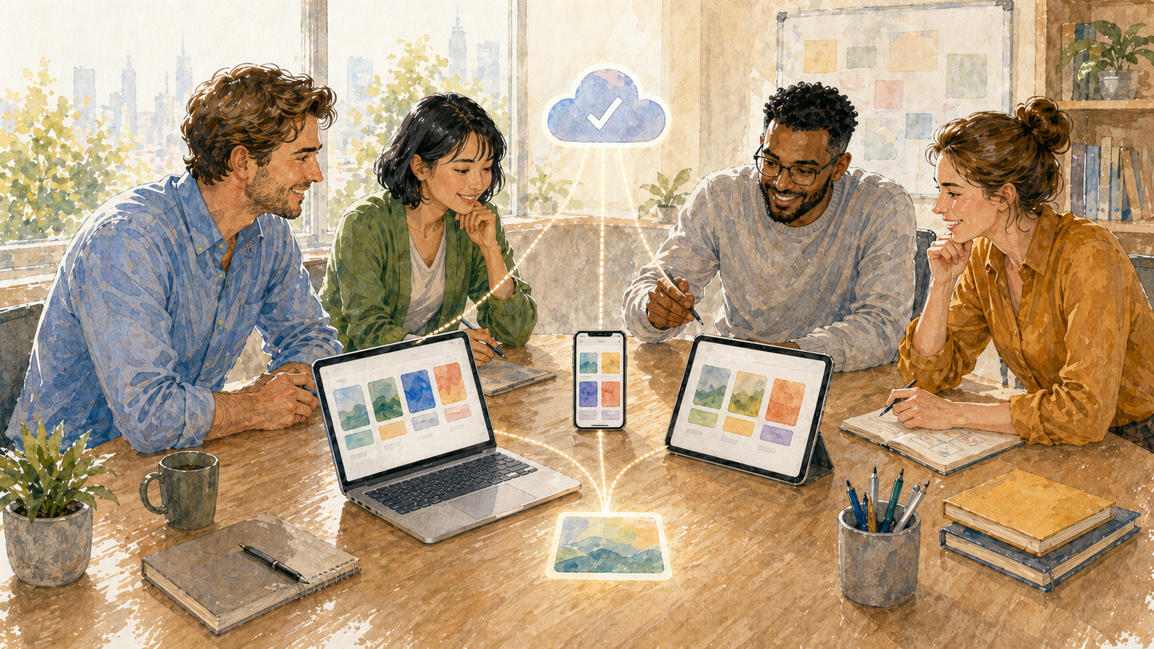 Une équipe de planification gardant les mêmes fiches de projet synchronisées sur Mac, iPad et iPhone avec un symbole de vérification cloud
