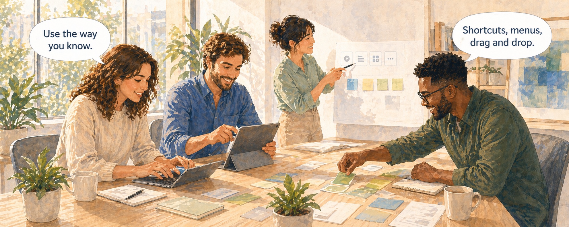 Des utilisateurs de bureau travaillant avec le clavier, le toucher, la barre d'outils et les interactions de planification par glisser-déposer