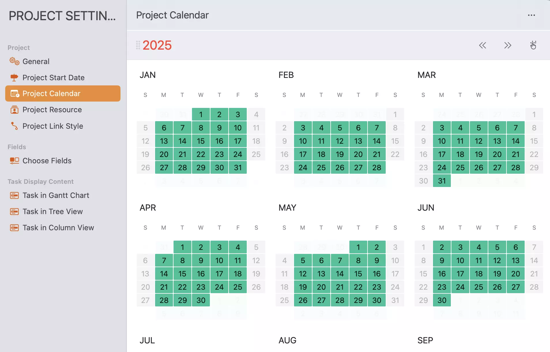 Paramètres du Projet - Calendrier