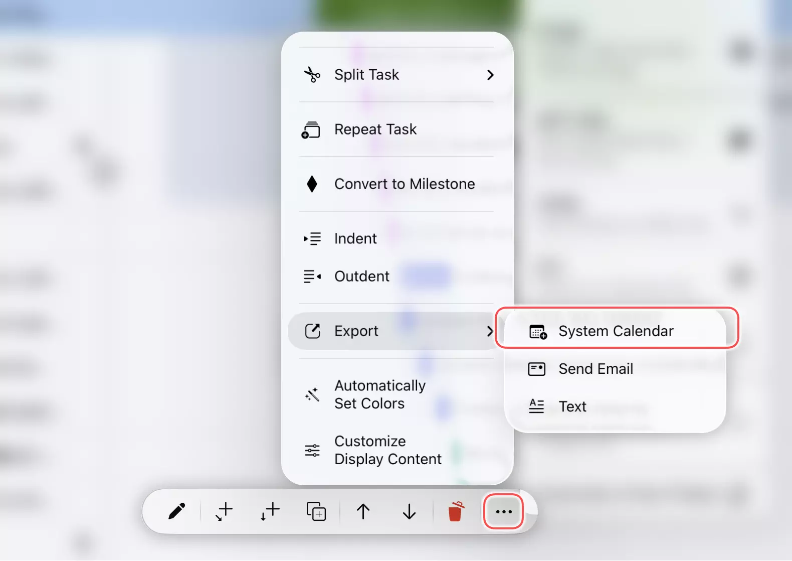 Menu Calendrier Système sur iOS/iPadOS