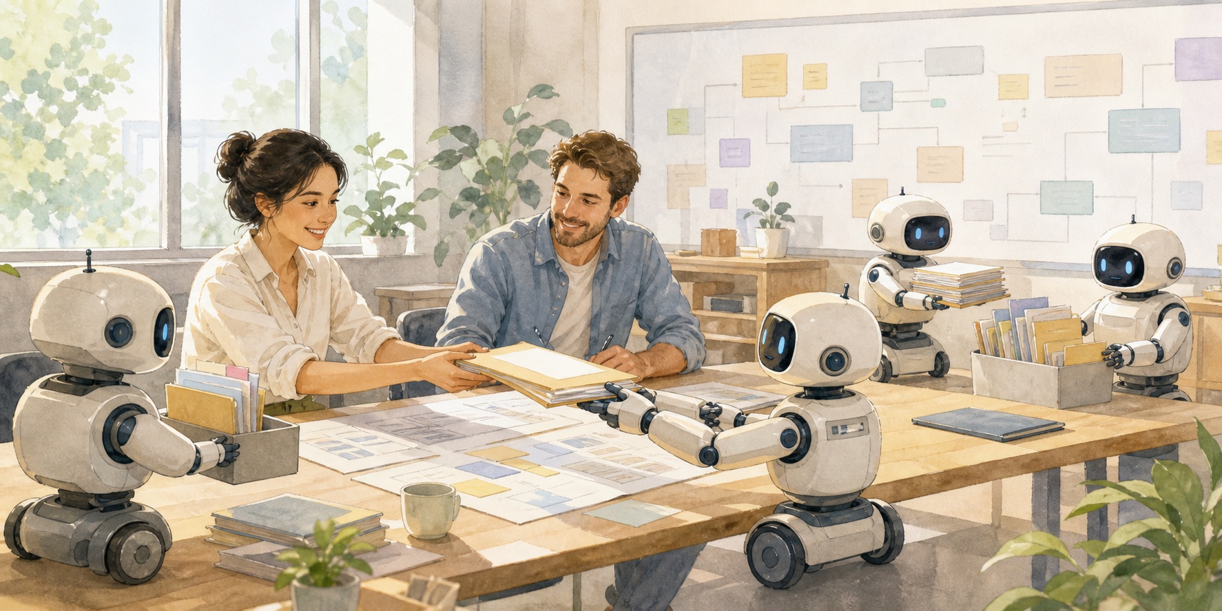 オフィスロボットが整理済みの計画書類をリラックスした人間のプロジェクト担当者に手渡している