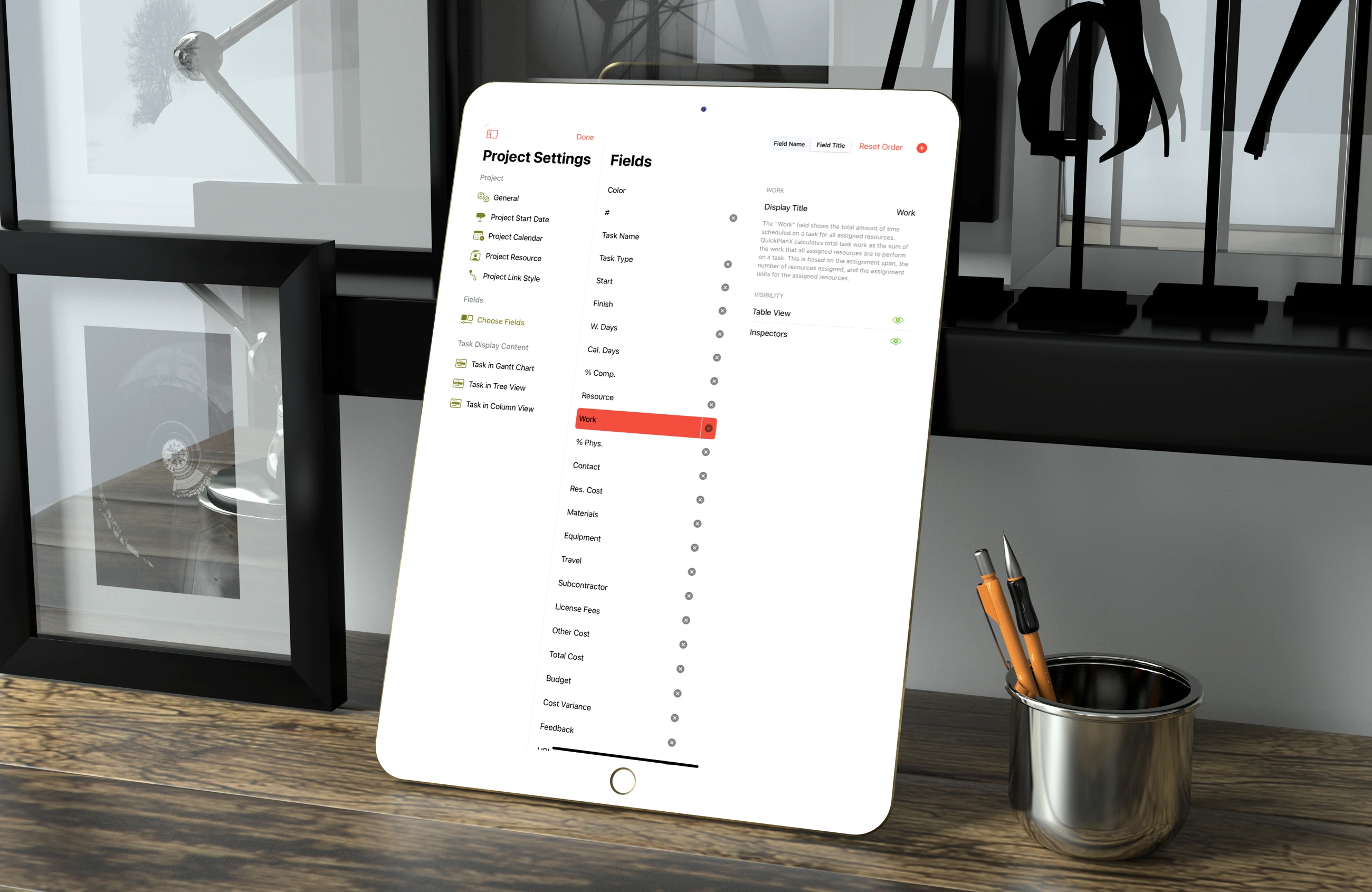 QuickPlanX のプロジェクト設定画面で項目、カレンダー、リソースを調整