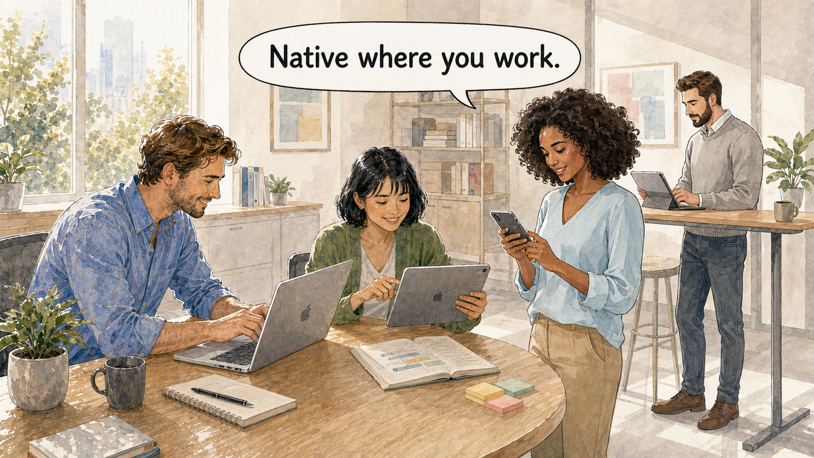 Een projectteam dat Mac, iPad en iPhone natuurlijk gebruikt in een native Apple planningsworkflow