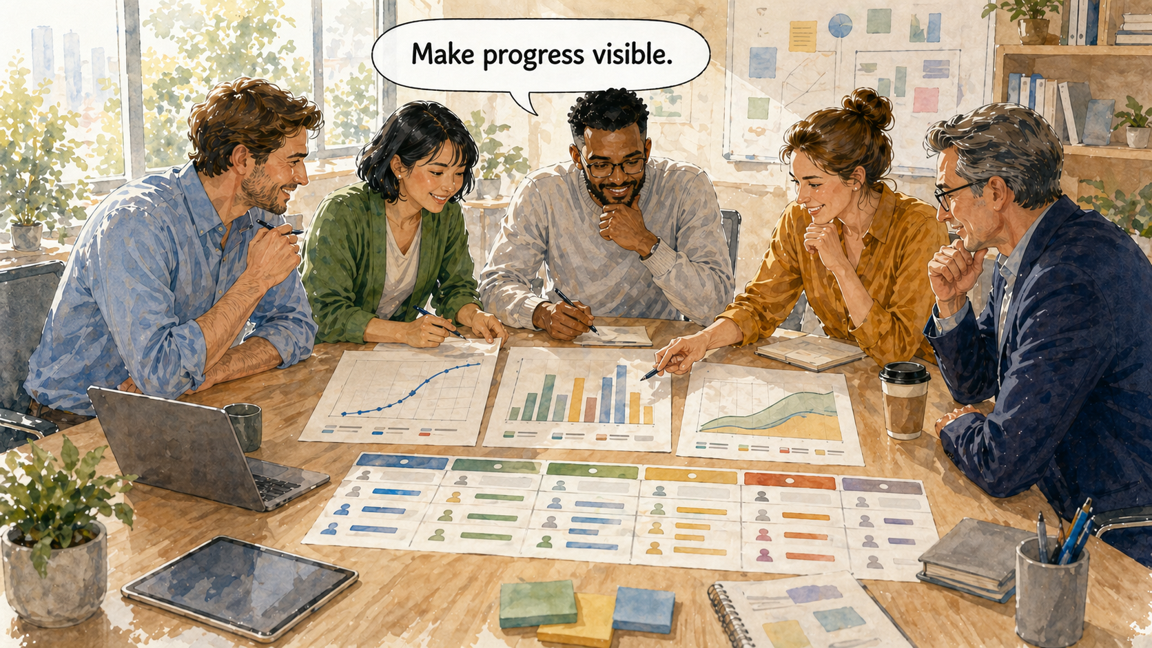 Een projectteam bekijkt voortgangsdiagrammen en resourceallocatierapporten op een bureau