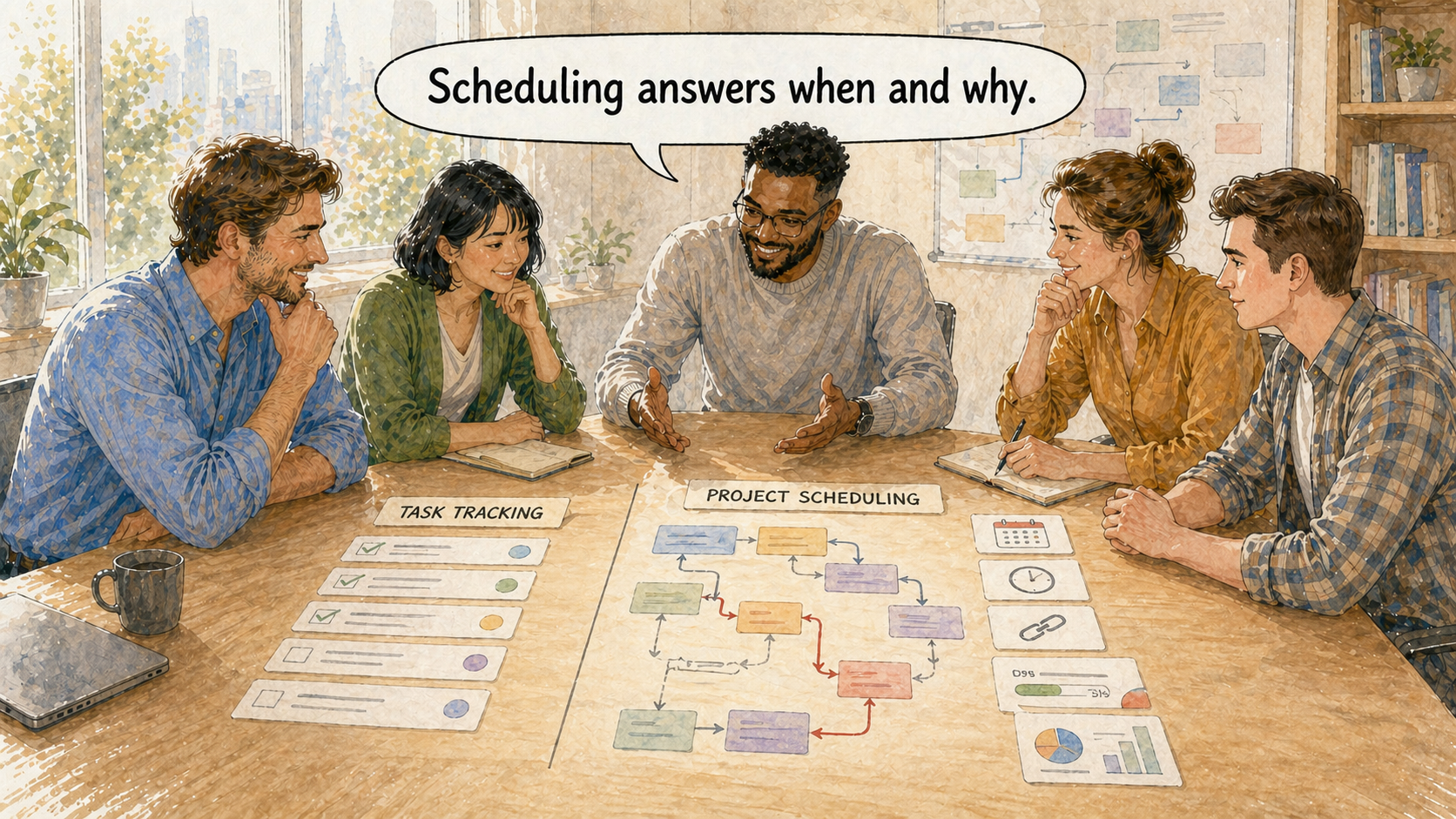 Een planningsteam dat eenvoudige taakregistratie vergelijkt met projectplanningslogica, datums, afhankelijkheden en rapporten