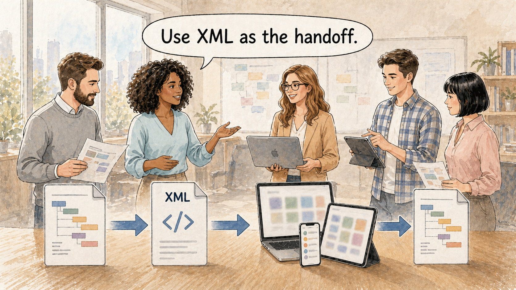 规划团队使用 XML 作为项 目工具和 Apple 设备之间的进度移交方式